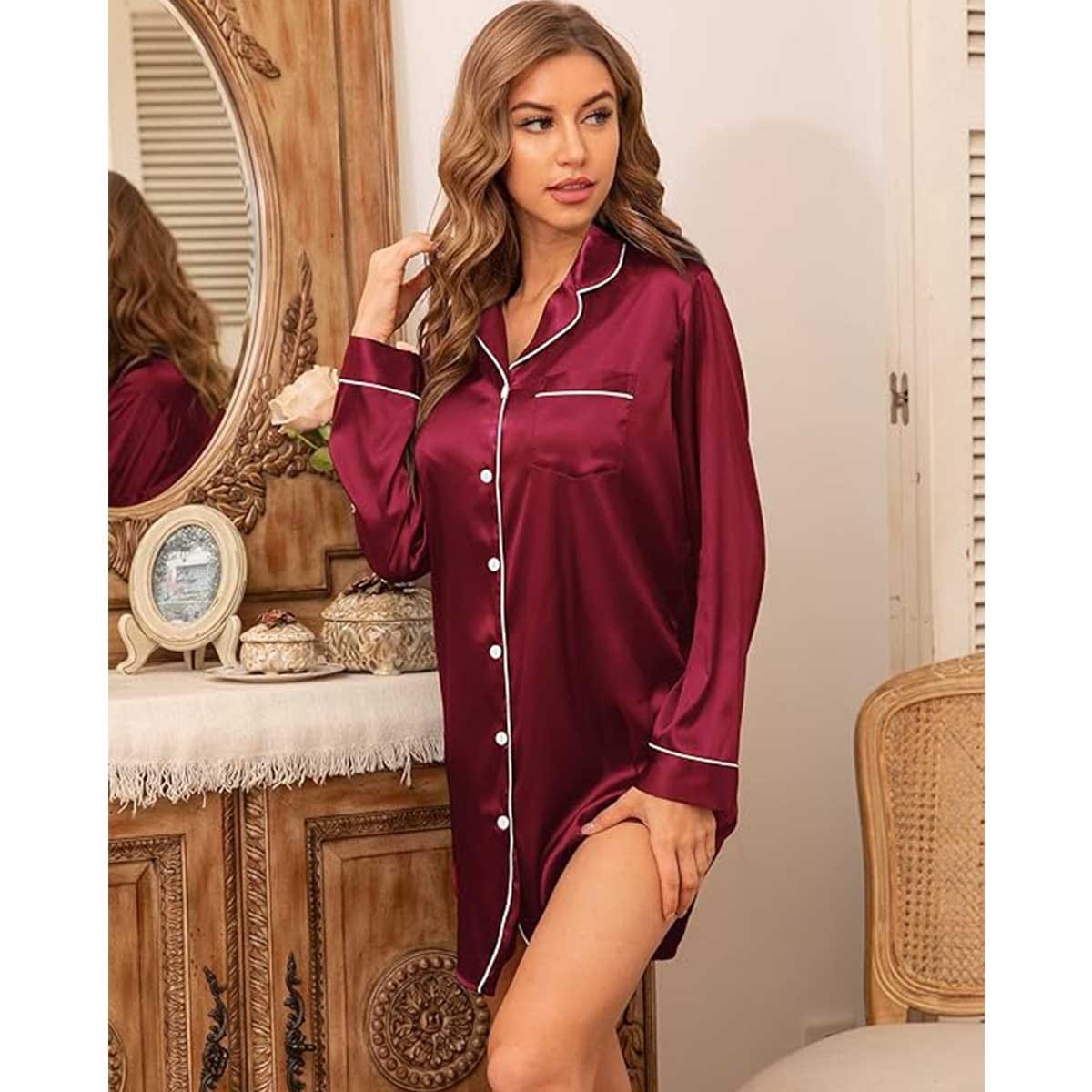 Satin Long Sleeve Sleep Nightshirt Pajama Top Wine Red image 4
