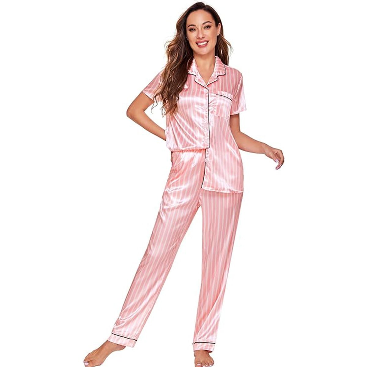 Women's Sleepwear Striped Satin Short Sleeve Shirt and Pants Pajama Set image 4