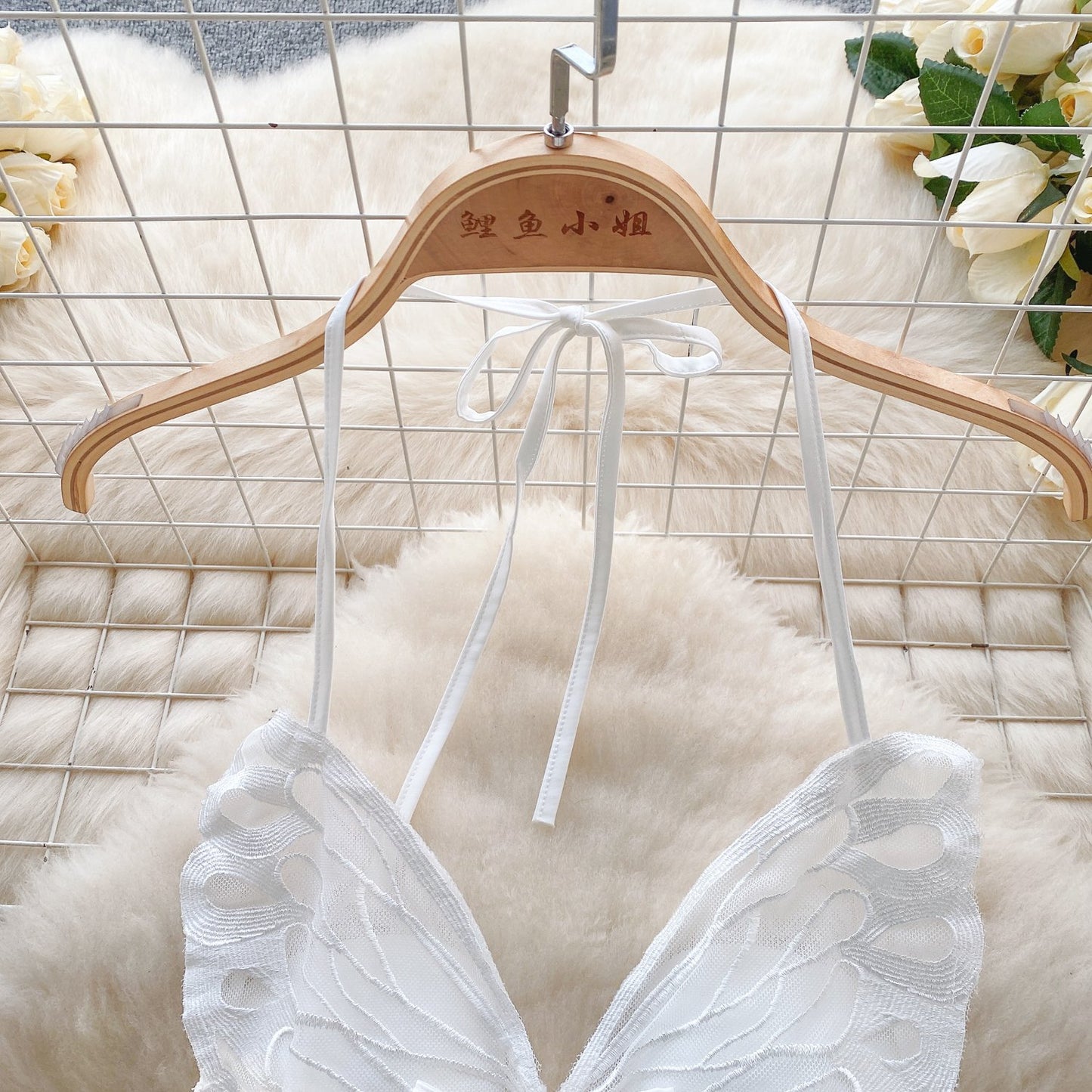 Elegant Butterfly-Inspired Halter Neck Satin Dress with Lace Bodice image 1