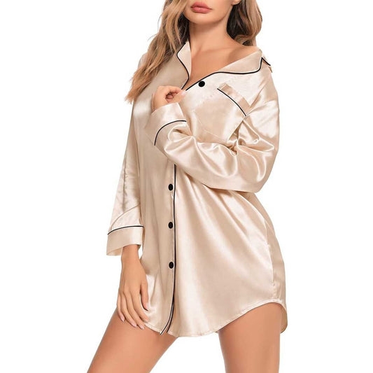 Satin Long Sleeve Sleep Nightshirt Pajama Top Champagne image 1