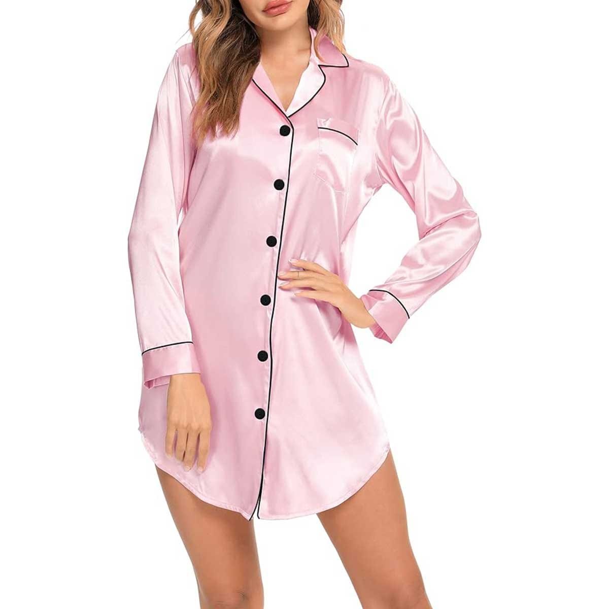Satin Long Sleeve Sleep Nightshirt Pajama Top Pink image 1