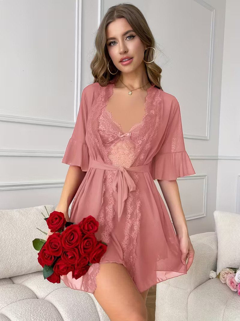 Women's Blush Pink Lace Nightdress with Sheer Robe – Soft Elegant Sleepwear Set image 0