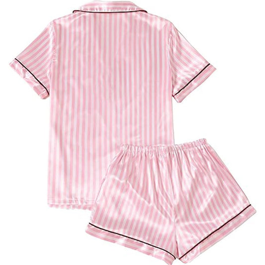 Women's Satin Pajama Short Sleeve Pink top and Shorts Set image 1