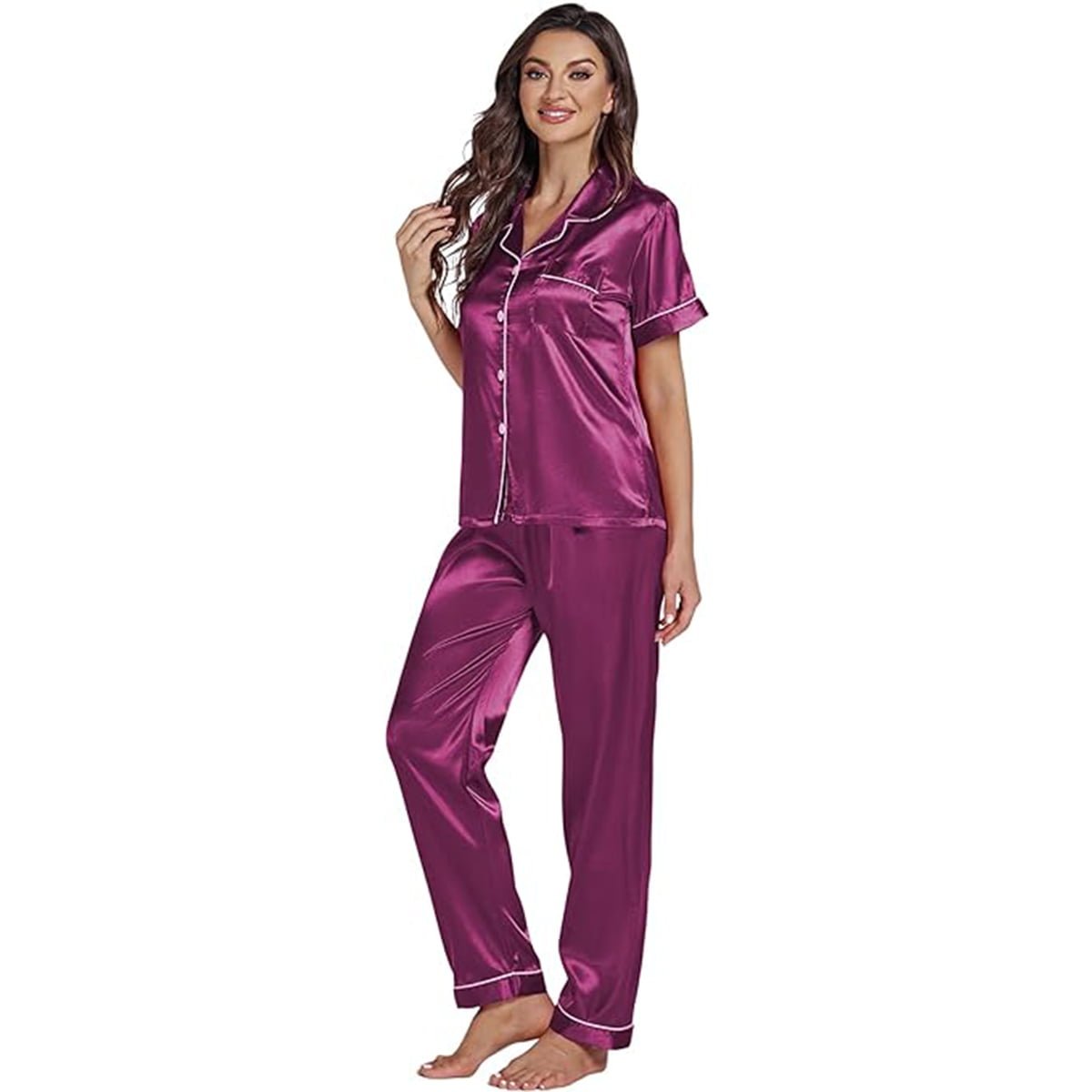 Women's Silk Satin Pyjama Set in Regal Purple – Short Sleeve image 0