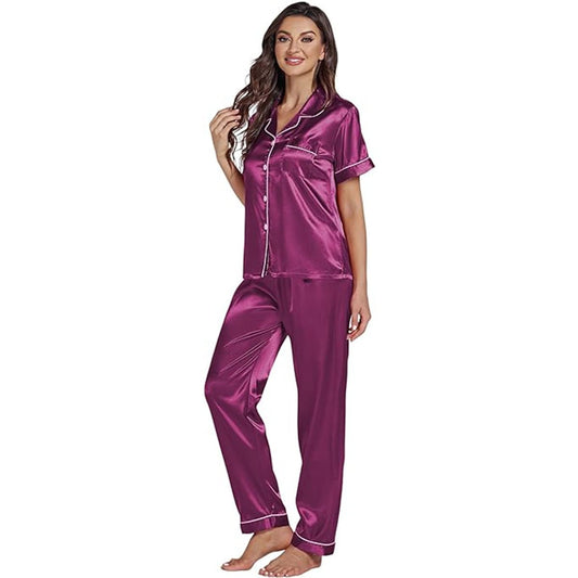 Women's Silk Satin Pyjama Set in Regal Purple – Short Sleeve image 0