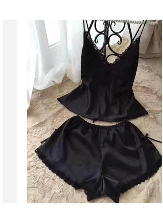 V-Neck Silk Women's Pajama Set with Spaghetti Straps and Lace Detailing image 1