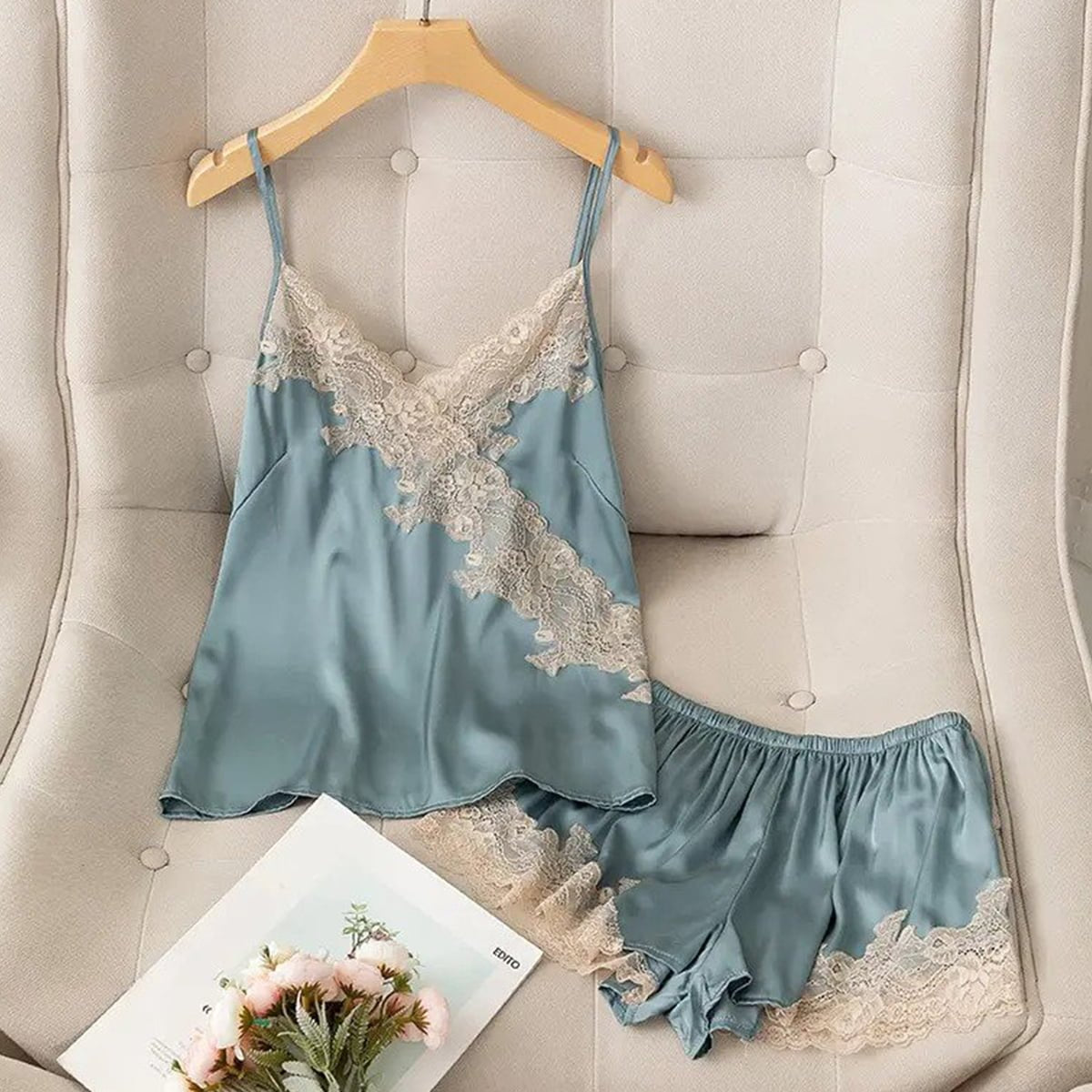 Gray Blue Sexy Sleeveless Satin Colorblock Short Sets image 6