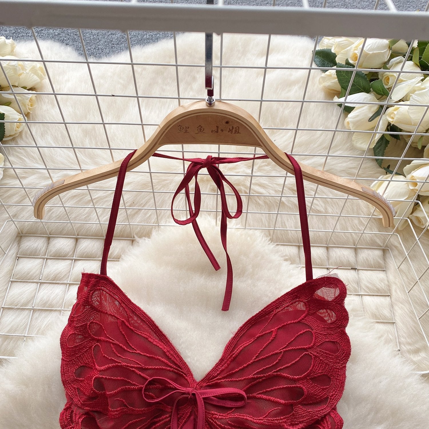 Elegant Butterfly-Inspired Halter Neck Satin Dress with Lace Bodice image 5