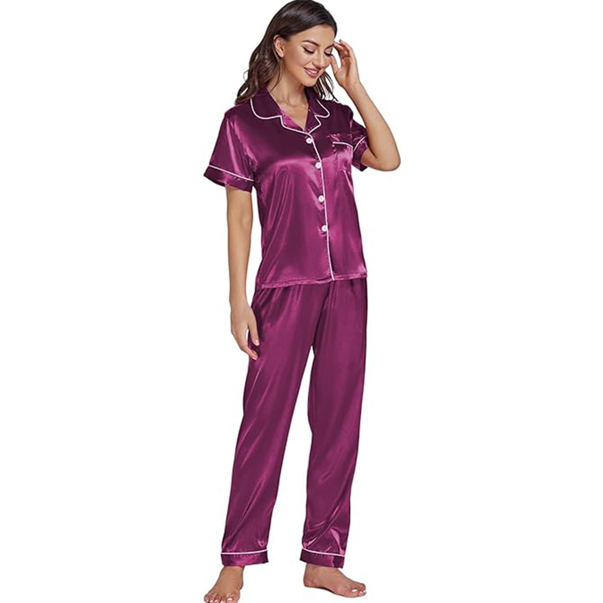 Women's Silk Satin Pyjama Set in Regal Purple – Short Sleeve image 4