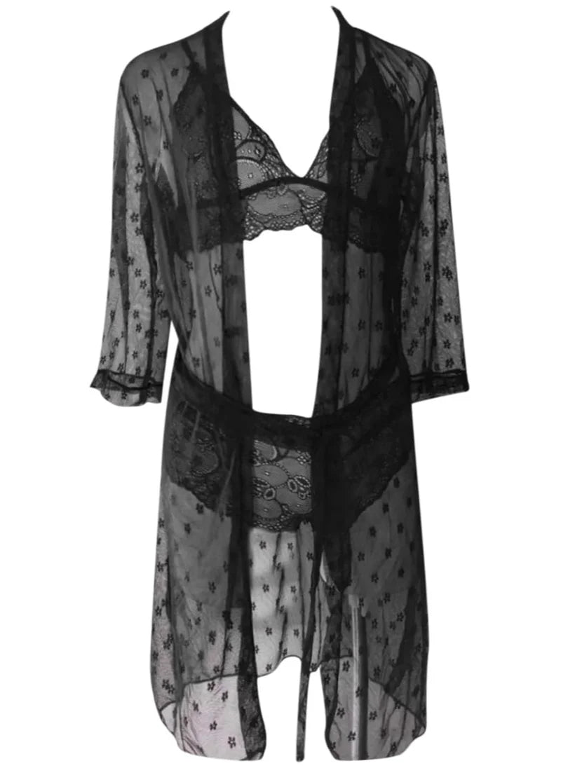 Lace Mesh Corset Lingerie & Women's Bathrobe Set – Elegant Underwear with Timeless Charm image 3