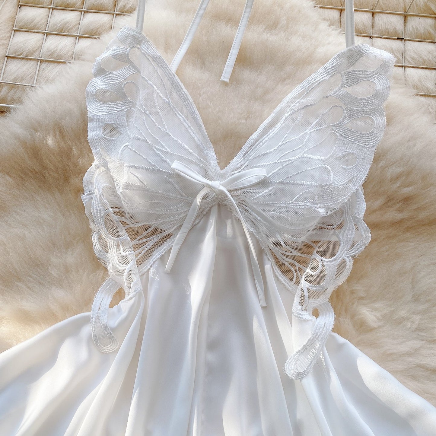 Elegant Butterfly-Inspired Halter Neck Satin Dress with Lace Bodice image 4