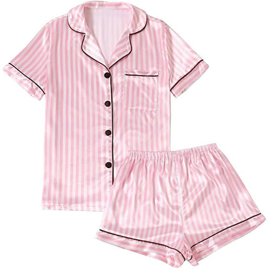 Women's Satin Pajama Short Sleeve Pink top and Shorts Set image 0