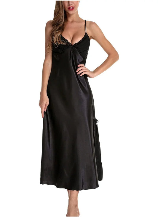 Satin Nightgown Dress with Silk Lace Sleeveless Long Chemise – Elegant Lingerie Sleepwear for Women image 1