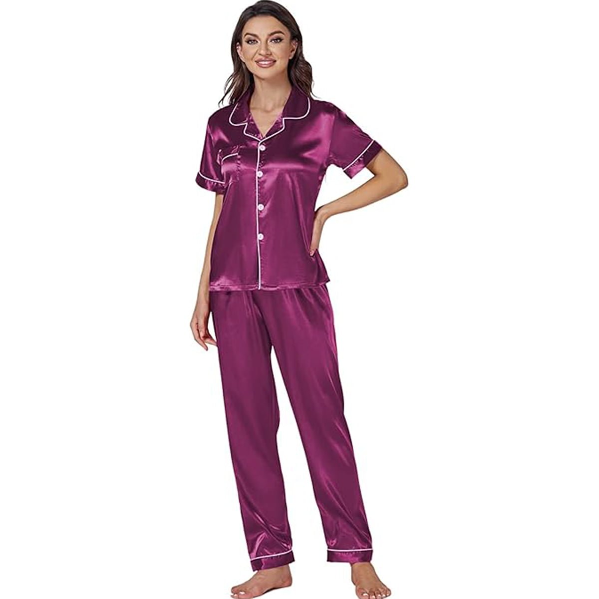 Women's Silk Satin Pyjama Set in Regal Purple – Short Sleeve image 1