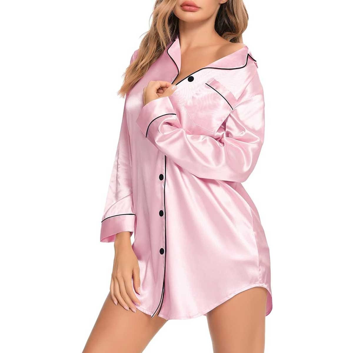 Satin Long Sleeve Sleep Nightshirt Pajama Top Pink image 3