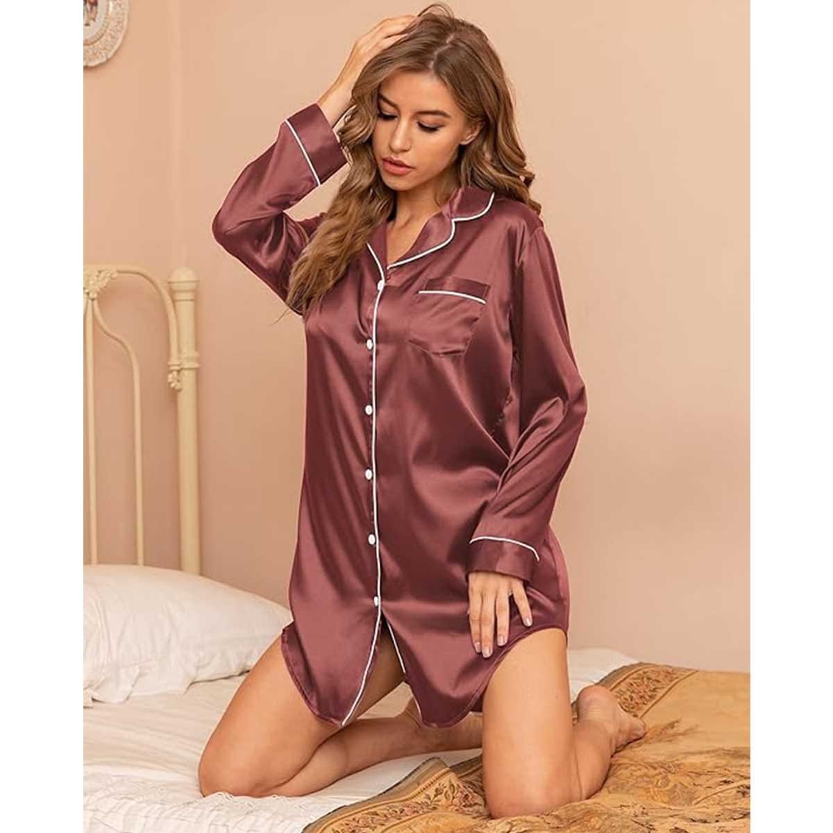 Satin Long Sleeve Sleep Nightshirt Pajama Top Nostalgia Rose image 4