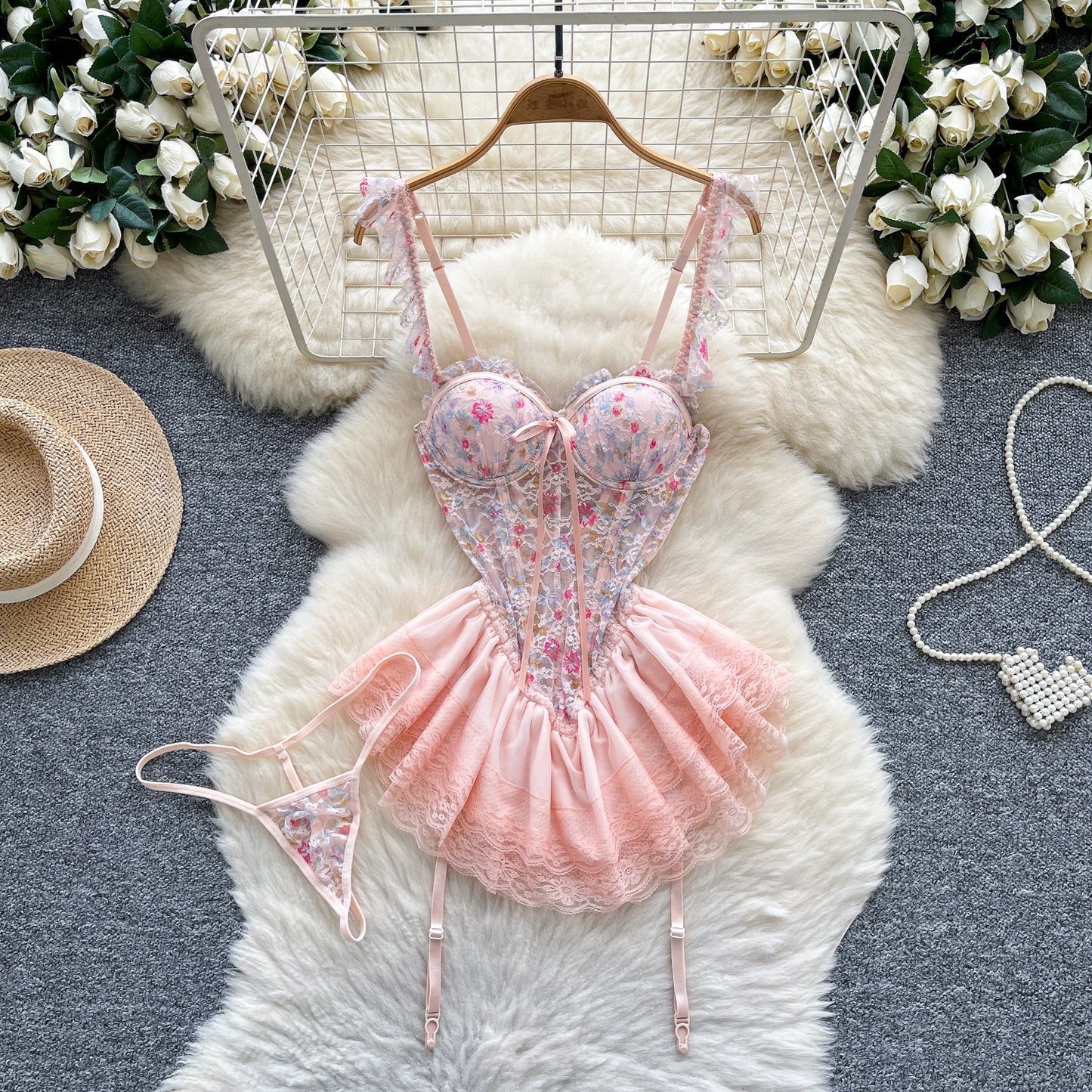 Floral Lace Mesh Bodice Dress with Pleated Skirt and Adjustable Straps image 0