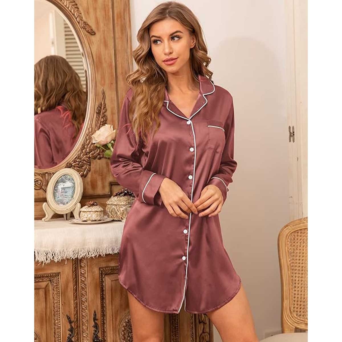 Satin Long Sleeve Sleep Nightshirt Pajama Top Nostalgia Rose image 2
