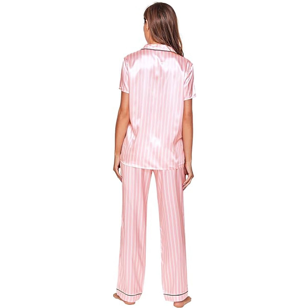 Women's Sleepwear Striped Satin Short Sleeve Shirt and Pants Pajama Set image 6