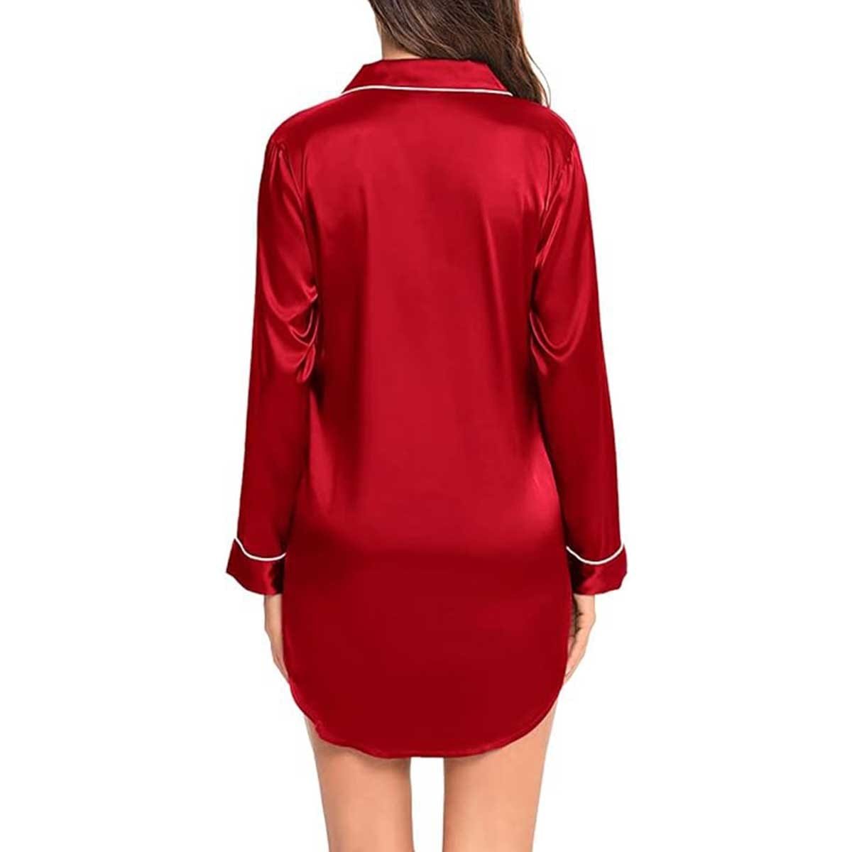 Satin Long Sleeve Sleep Nightshirt Pajama Top Red image 4