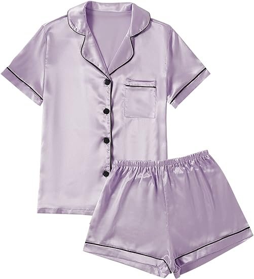 Women’s Satin Pajama Short Sleeve Purple top and Shorts Set image 0