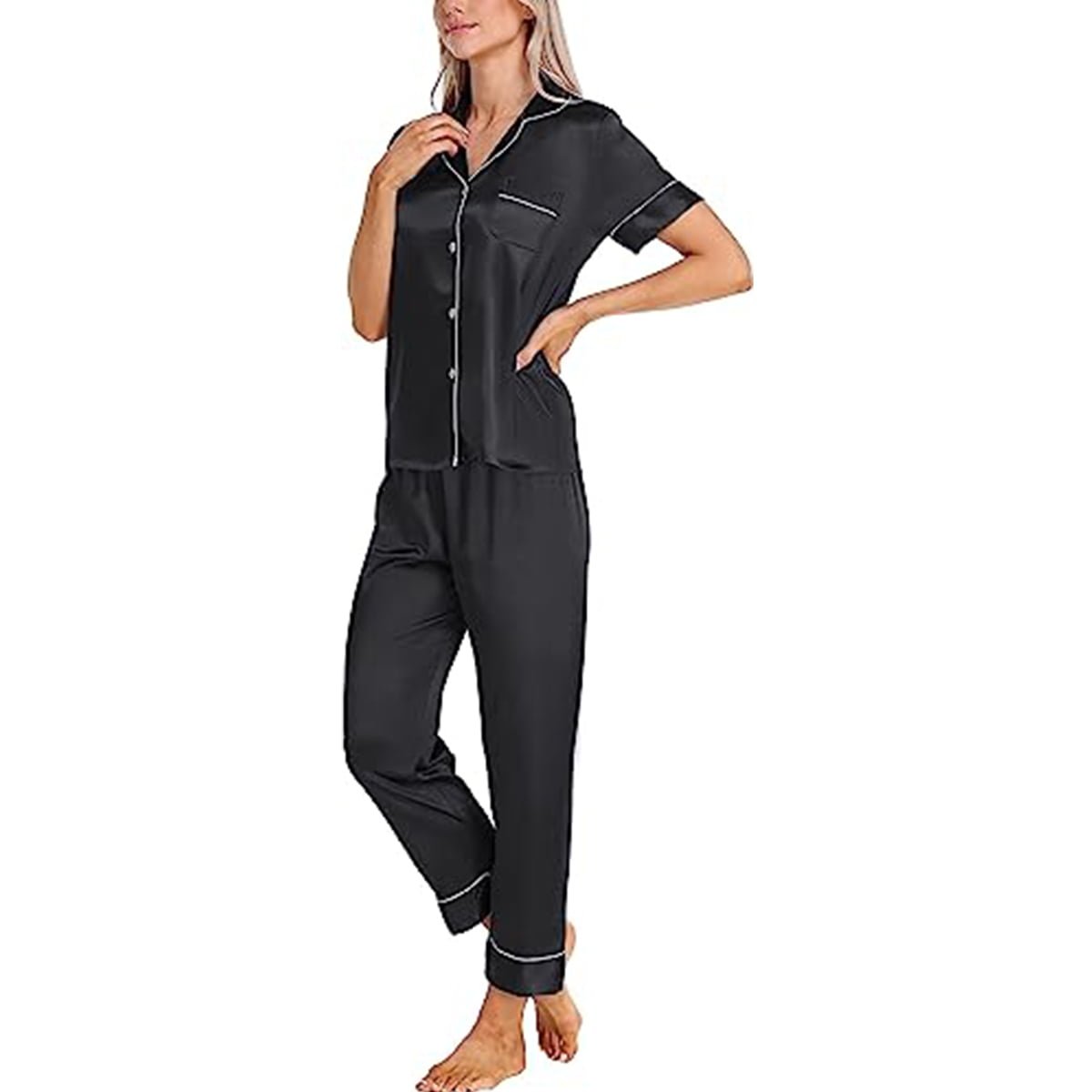 Women's Satin Pajama Short Sleeve Pink top and Full Length Set image 2