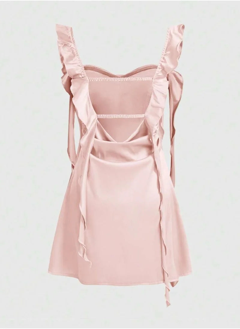 Summer Solid Color Pleated Ruffle Hem Open Back Satin Strap Dress – Elegant and Breezy Sleeveless Style image 2