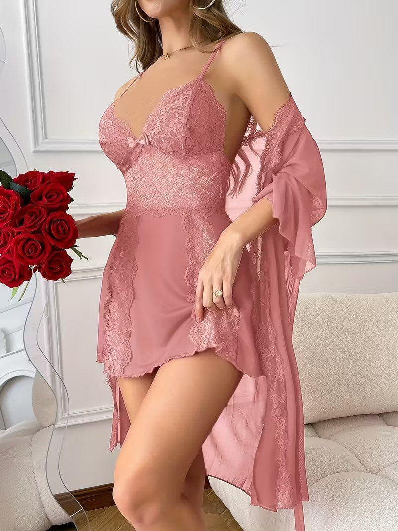 Women's Blush Pink Lace Nightdress with Sheer Robe – Soft Elegant Sleepwear Set image 2
