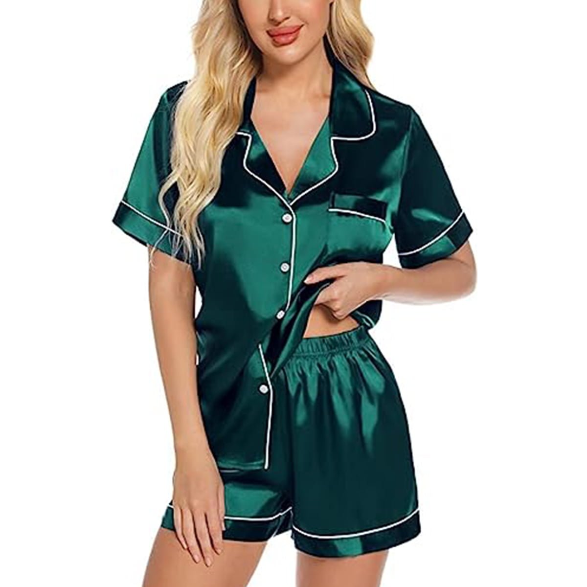 Women's Satin Pajama Short Sleeve Green top and Shorts Set image 6