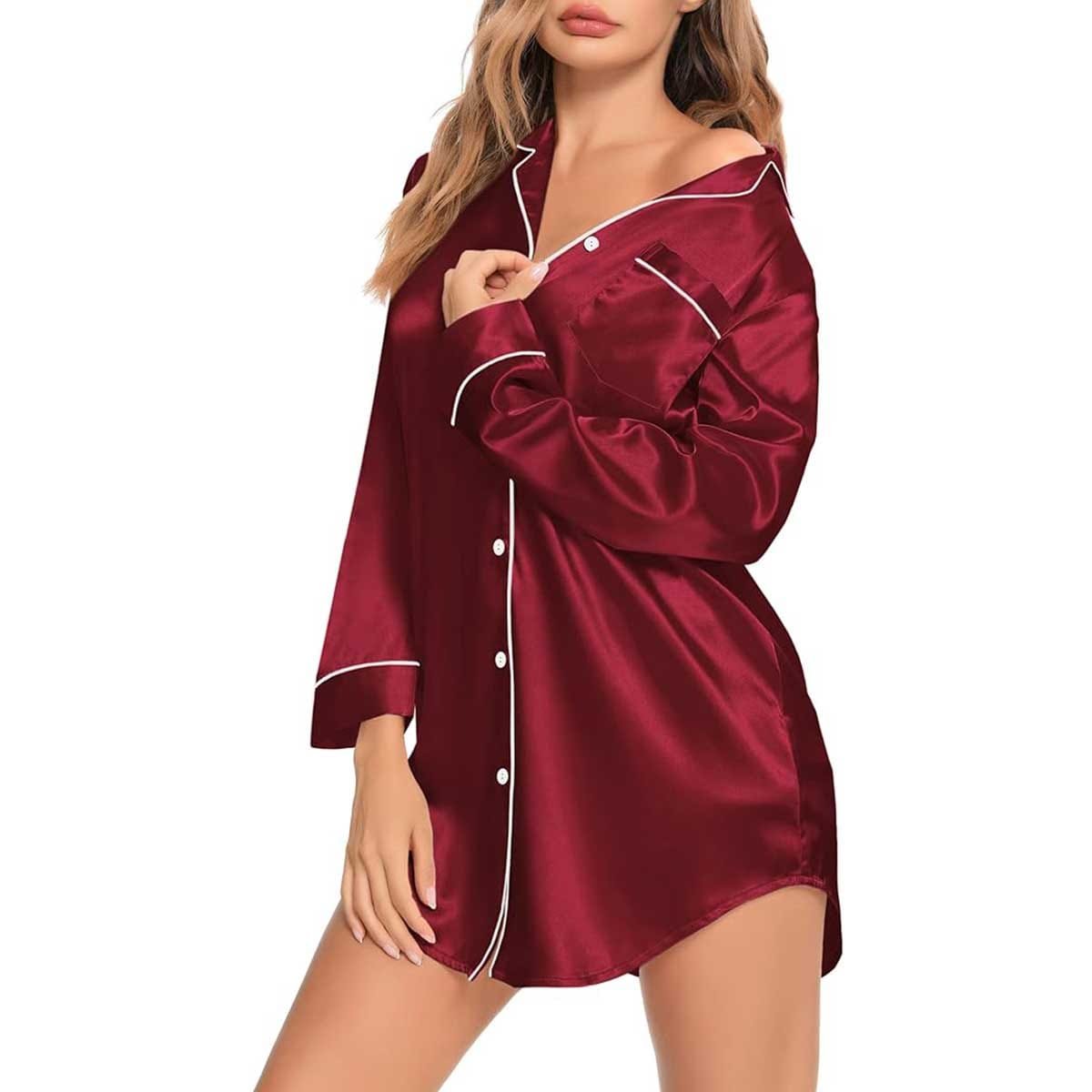 Satin Long Sleeve Sleep Nightshirt Pajama Top Wine Red image 0