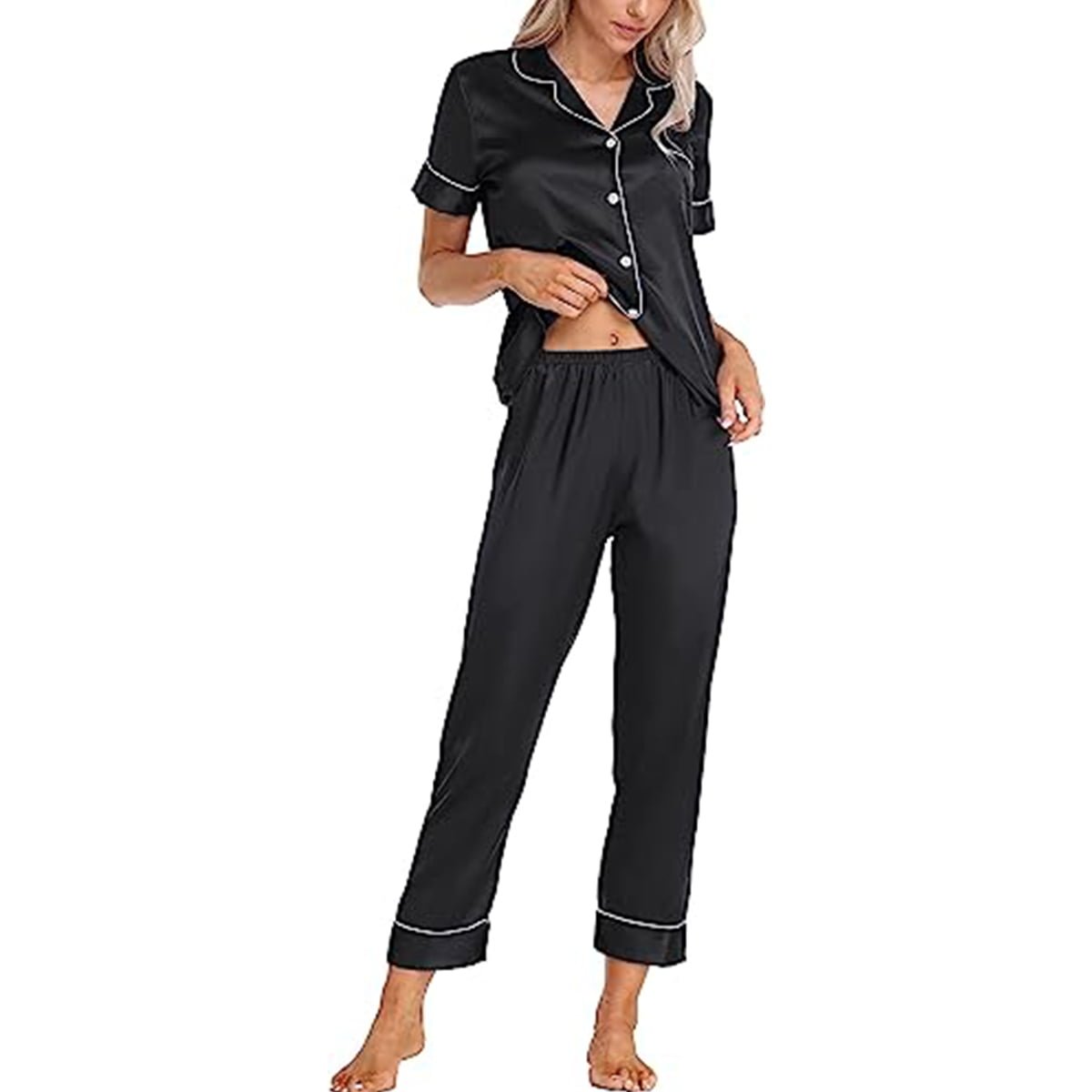 Women's Satin Pajama Short Sleeve Pink top and Full Length Set image 3