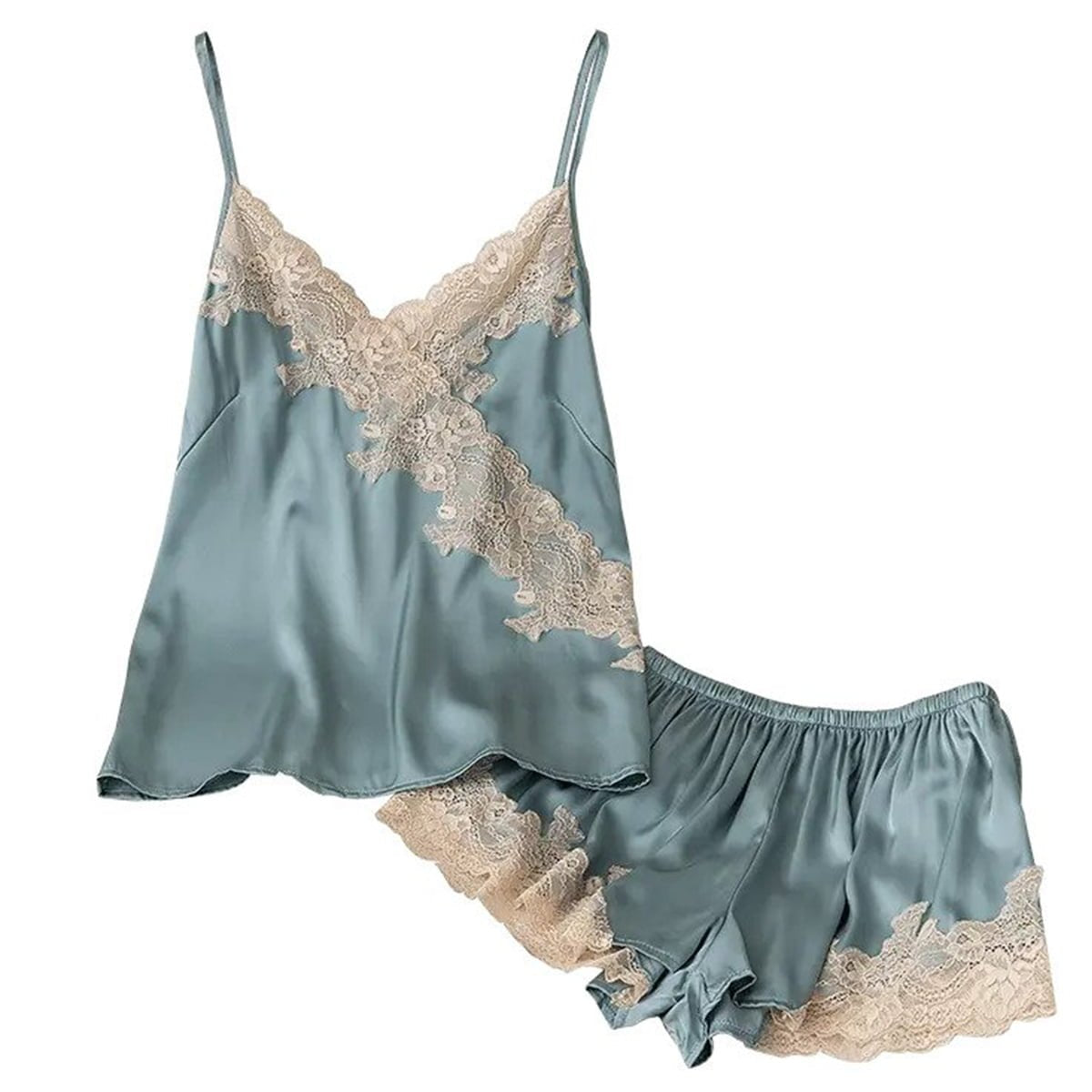 Gray Blue Sexy Sleeveless Satin Colorblock Short Sets image 1