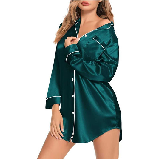 Satin Long Sleeve Sleep Nightshirt Pajama Top Deep Green image 0