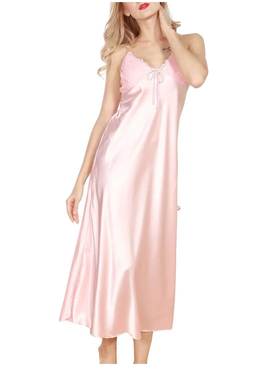Satin Nightgown Dress with Silk Lace Sleeveless Long Chemise – Elegant Lingerie Sleepwear for Women image 0