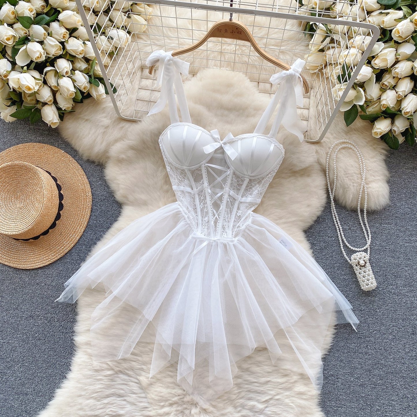 Elegant Lace Corset Dress with Adjustable Straps and Matching Bottoms image 0