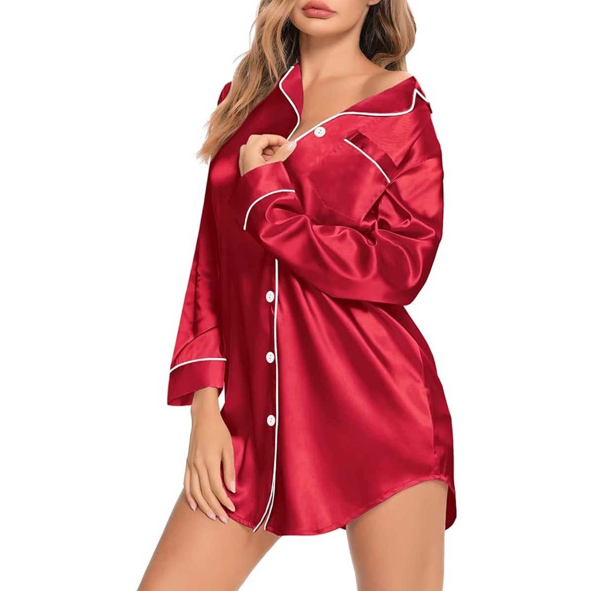 Satin Long Sleeve Sleep Nightshirt Pajama Top Red image 0