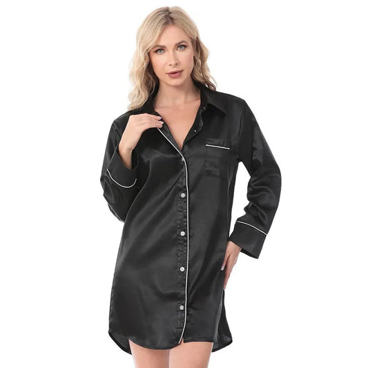 Satin Long Sleeve Sleep Nightshirt Pajama Top Black image 0