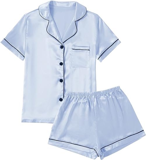 Women’s Satin Pajama Short Sleeve Baby Blue top and Shorts Set image 0