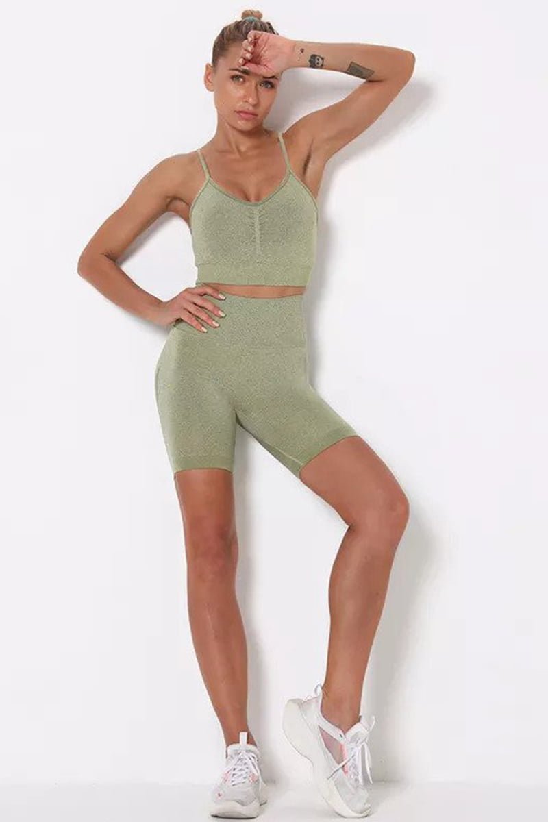 Comfortable Amy Green Seamless Legging/Short And Sports Bra Set image 2