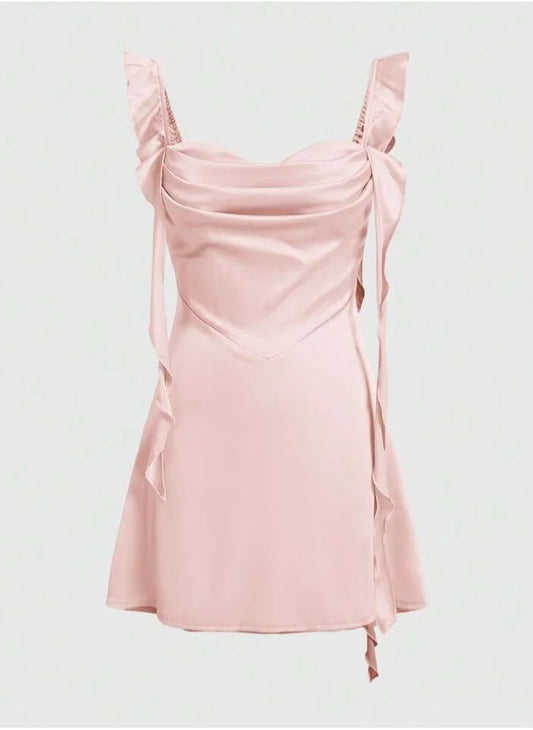 Summer Solid Color Pleated Ruffle Hem Open Back Satin Strap Dress – Elegant and Breezy Sleeveless Style image 1