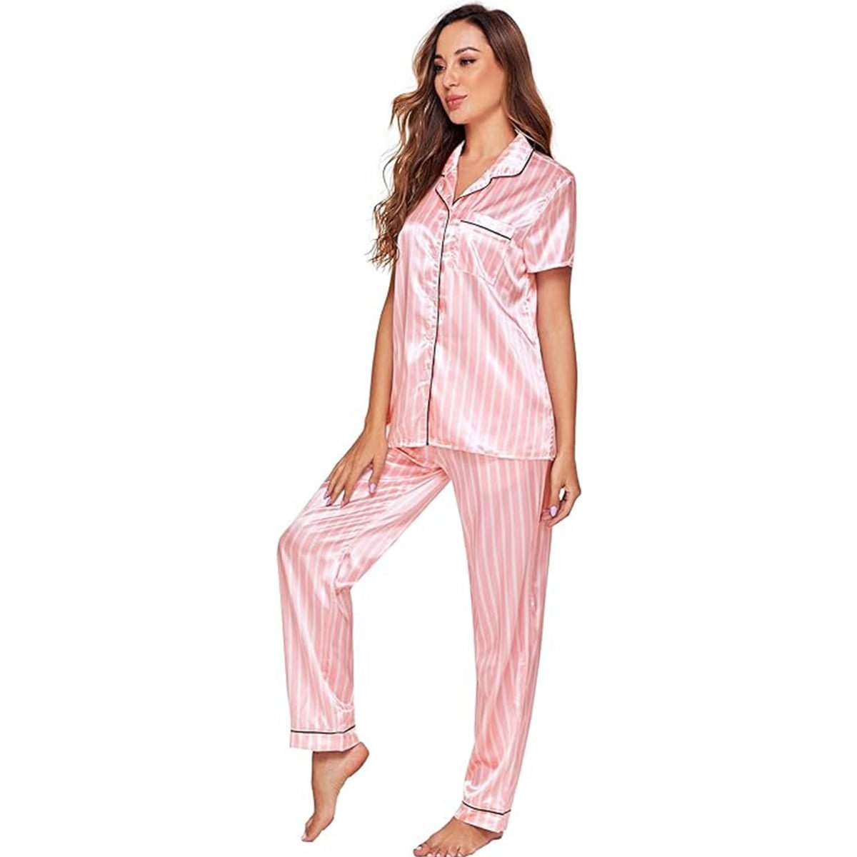Women's Sleepwear Striped Satin Short Sleeve Shirt and Pants Pajama Set image 3