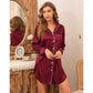 Satin Long Sleeve Sleep Nightshirt Pajama Top Wine Red image 2