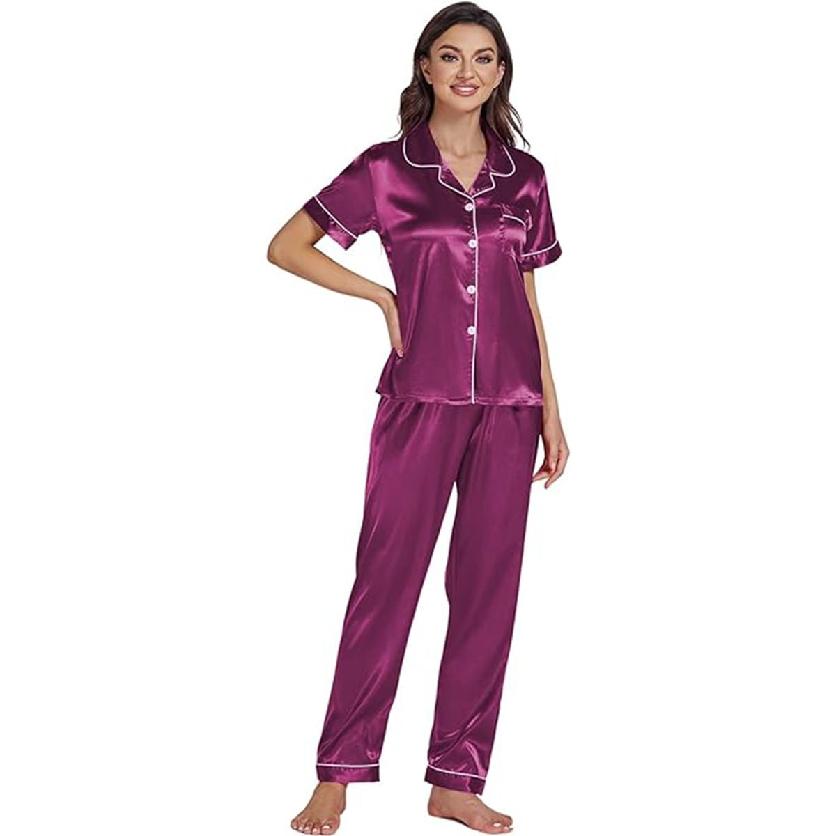 Women's Silk Satin Pyjama Set in Regal Purple – Short Sleeve image 2