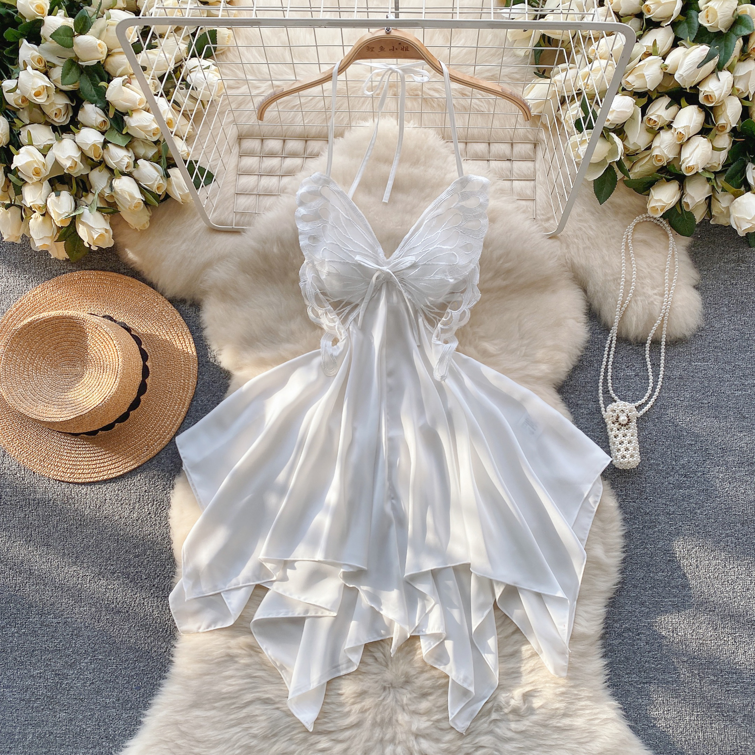 Elegant Butterfly-Inspired Halter Neck Satin Dress with Lace Bodice